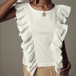 Maeve Anthropologie  White Sleevless Ruffle Border Top Sz S